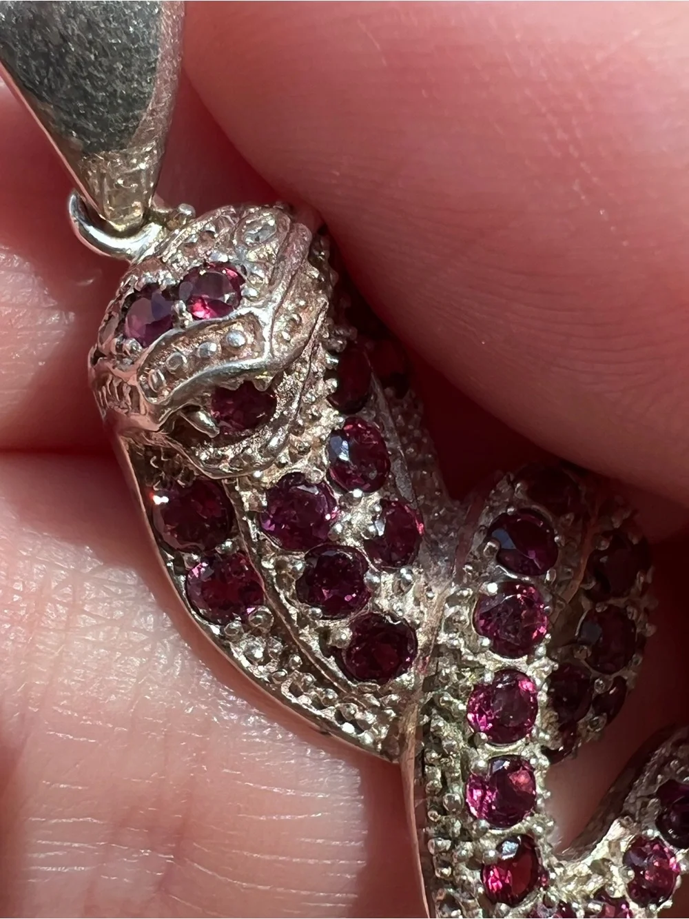 925 Sterling Silver Pave Gemstone Snake Pendant 2.5” Pink Stones